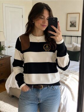 Ralph Lauren Black and White Striped Sweater with Real Leather Accent